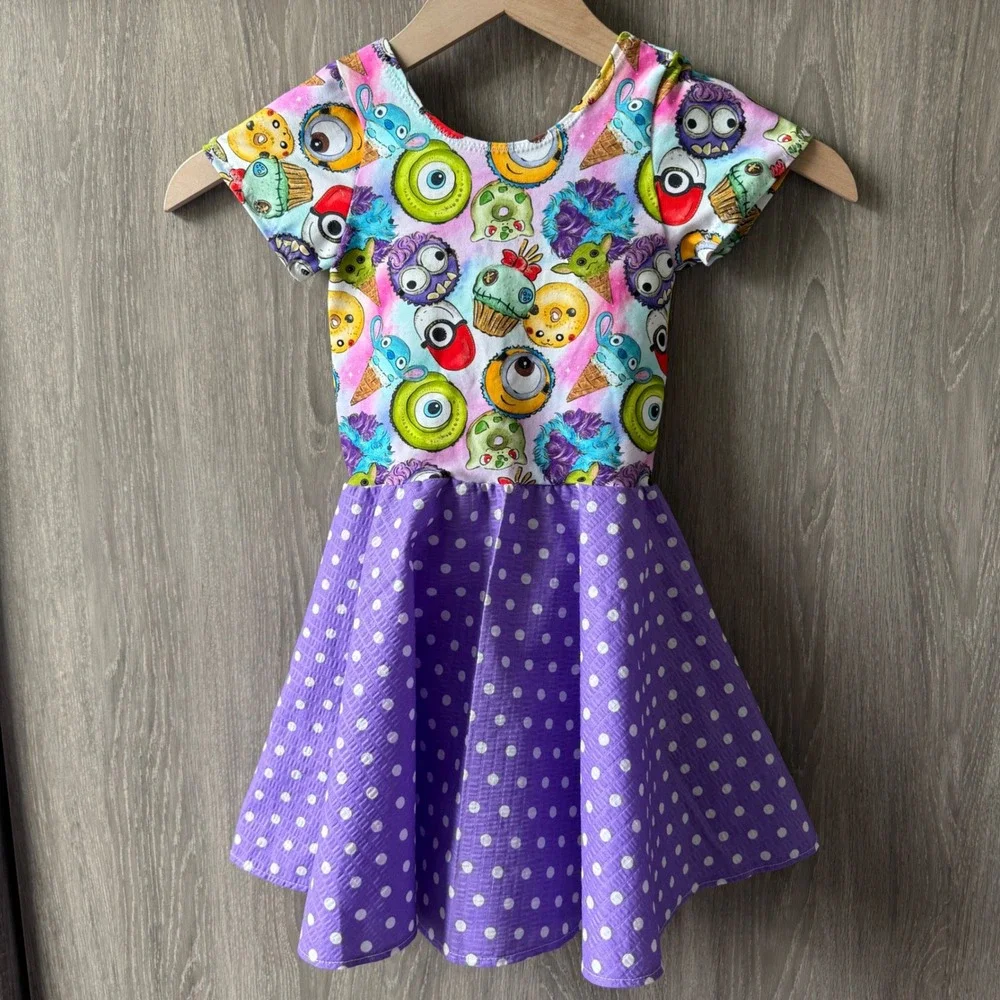 Handmade Custom Disney Monster Print Dress Girl 4/5 Purple Polka Dot Disneybound